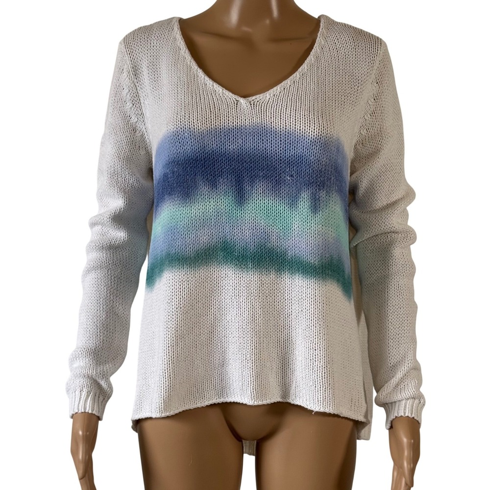 Wooden Ships Malibu Stripe V-Neck Cotton Blend Knit Sweater White Blue S/M